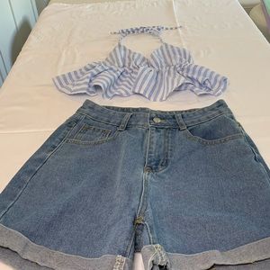 Blue and white striped halter crop